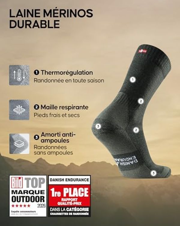 DANISH ENDURANCE CHAUSSETTES RANDONNÉE FINES MÉRINOS - REMBOURRAGE CIBLÉ MÊME EN VERSION FINE