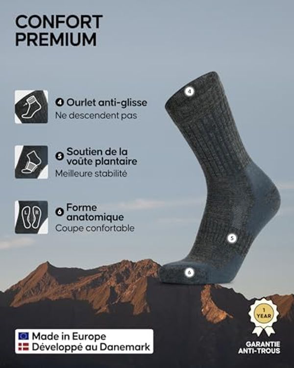 DANISH ENDURANCE CHAUSSETTES RANDONNÉE MÉRINOS - COMPRESSION ARCHE + BANDE ANTI-GLISSE