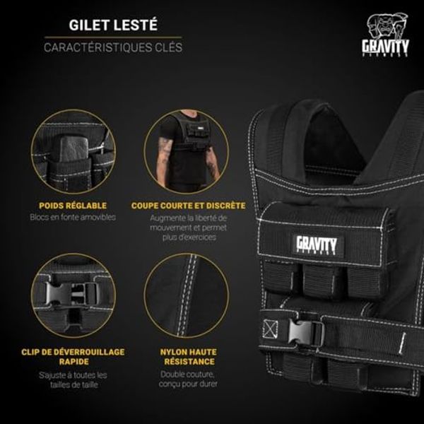 GRAVITY FITNESS WEIGHTED VEST 15-20KG - SANGLES REMBOURRÉES, PLAQUÉ AU TORSE