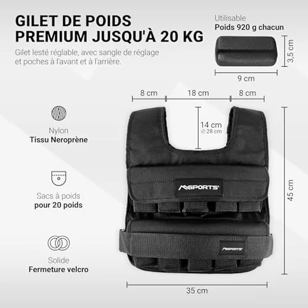 MSPORTS GILET LESTÉ RÉGLABLE 5-30KG - POIDS MÉTAL