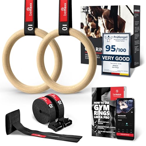 BEMAXX ANNEAUX DE GYMNASTIQUE BOIS - ANNEAUX + SANGLES + SUPPORT PORTE + LIVRE
