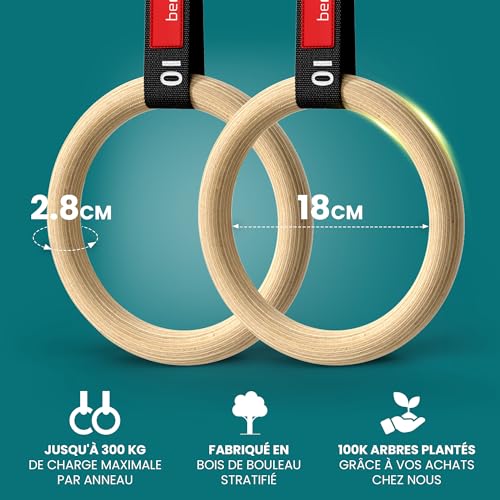 BEMAXX ANNEAUX DE GYMNASTIQUE BOIS - BOULEAU NATUREL : GRIP ET CONFORT
