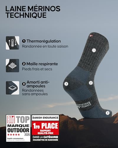 DANISH ENDURANCE CHAUSSETTES RANDONNÉE MÉRINOS - 38% LAINE MÉRINOS THERMORÉGULANTE