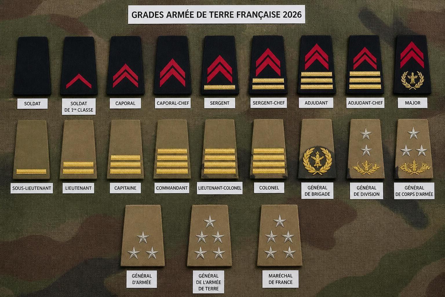 découvrez la hiérarchie complète des grades dans l'armée de terre française, expliquée et illustrée pour mieux comprendre les distinctions militaires. découvrez la hiérarchie complète des grades dans l'armée de terre française, expliquée et illustrée pour mieux comprendre les distinctions militaires.